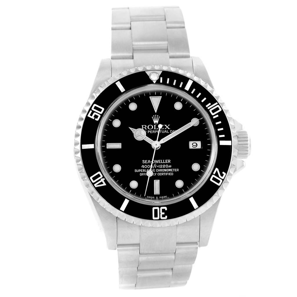 The image shows a front view of the Rolex Sea-Dweller 16600 Men
s Stainless Steel Black Dial 16600 Men
s Stainless Steel Black Dial watch with a black dial, date function, and stainless steel bracelet.