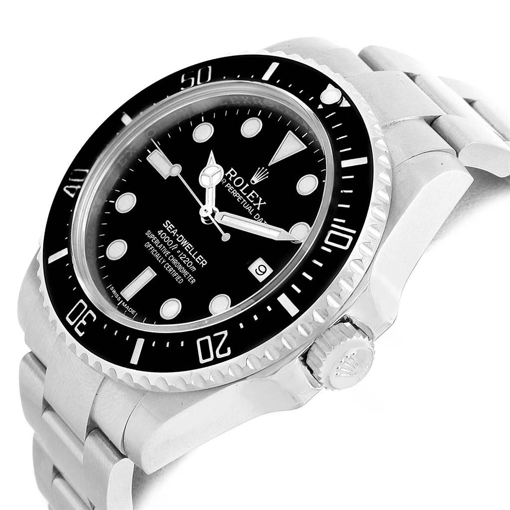 The image shows a side and front view of a Rolex Sea-Dweller 116600 Men's Stainless Steel Black Dial 116600 Men's Stainless Steel Black Dial watch, highlighting the bezel, crown, and part of the bracelet.
