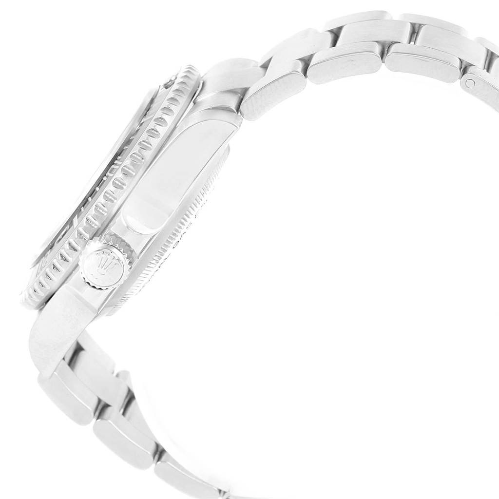 This side view of the Rolex Sea-Dweller 116600 Men's Stainless Steel Black Dial 116600 Men's Stainless Steel Black Dial watch shows the bezel, crown, and bracelet.