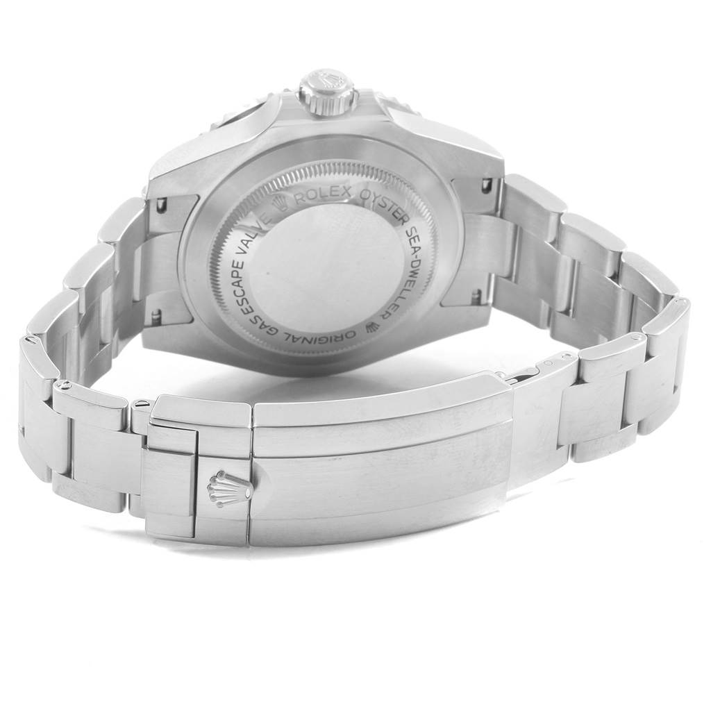 The image shows the back view of the Rolex Sea-Dweller 116600 Men's Stainless Steel Black Dial 116600 Men's Stainless Steel Black Dial watch, highlighting the case back and stainless steel bracelet.