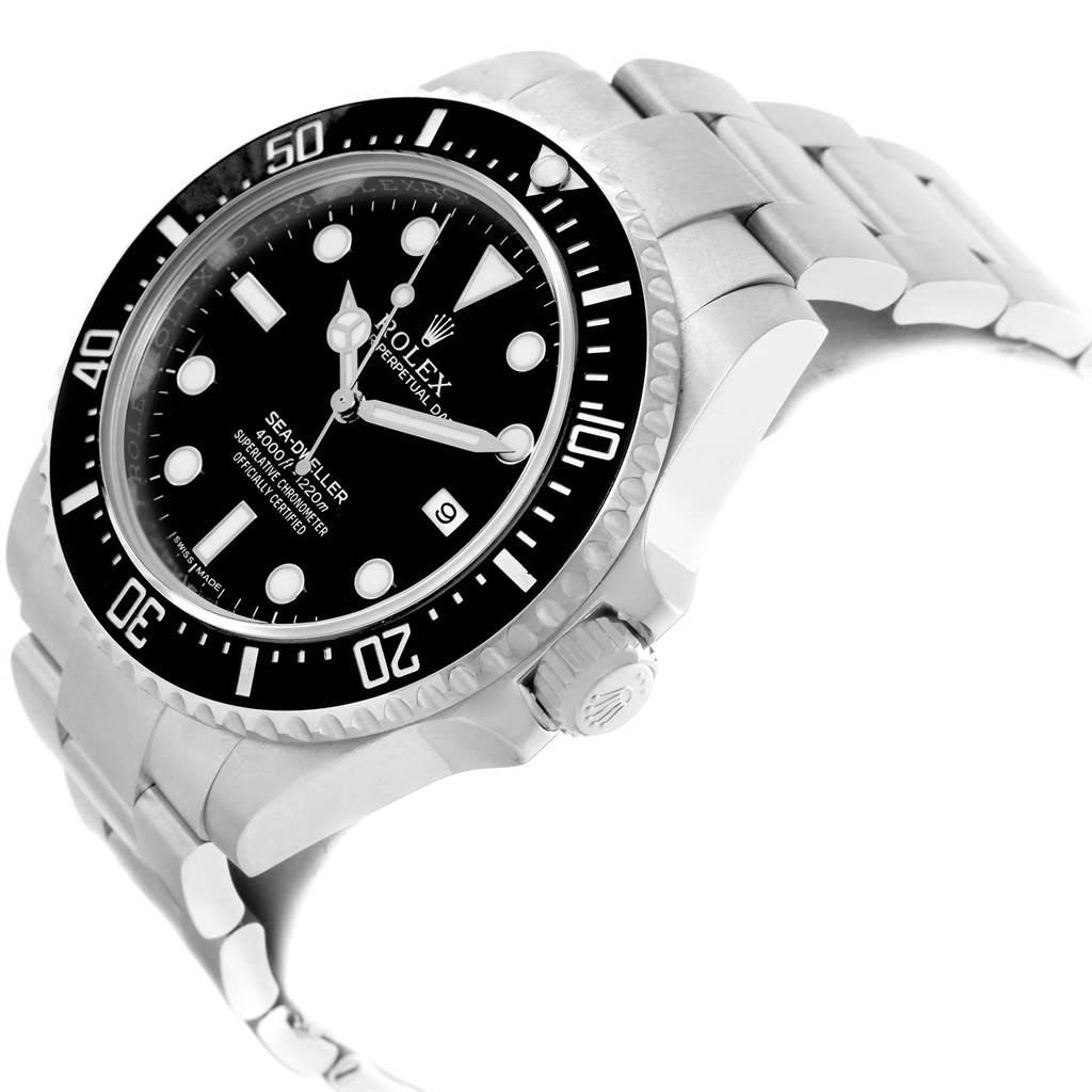 This image shows a side and front angle of the Rolex Sea-Dweller 116600 Men
s Stainless Steel Black Dial 116600 Men
s Stainless Steel Black Dial watch, highlighting its stainless steel case and bracelet.