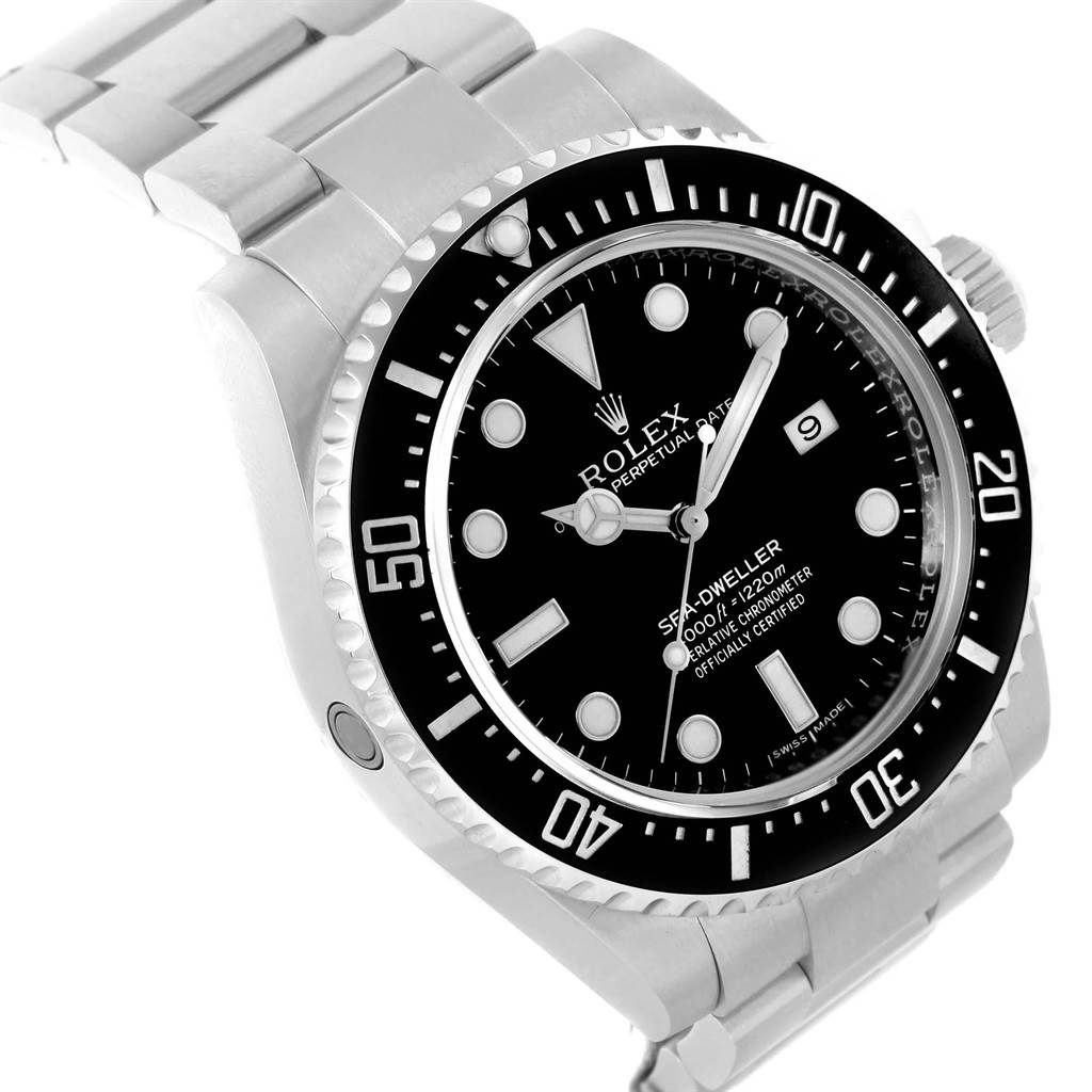 The image shows an angled view of the Rolex Sea-Dweller 116600 Men
s Stainless Steel Black Dial 116600 Men
s Stainless Steel Black Dial watch, highlighting the face, bezel, and part of the bracelet.