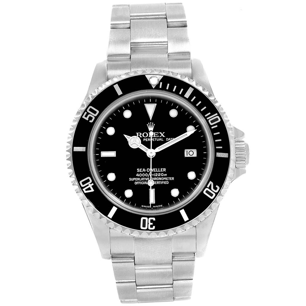 The image shows a front view of the Rolex Sea-Dweller 16600 Men
s Stainless Steel Black Dial 16600 Men
s Stainless Steel Black Dial watch, highlighting its face, case, bezel, and bracelet.