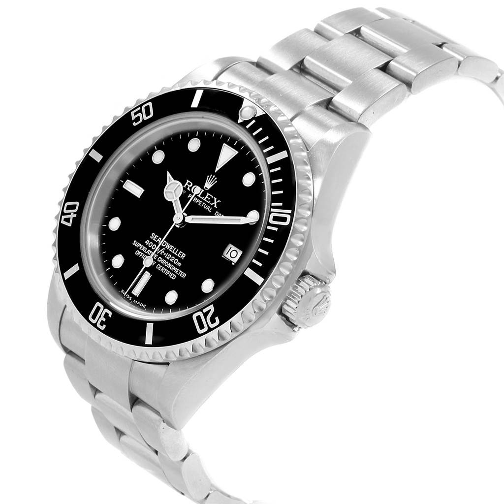 The image shows a Rolex Sea-Dweller 16600 Men
s Stainless Steel Black Dial 16600 Men
s Stainless Steel Black Dial watch at a three-quarter angle, displaying the dial, bezel, case, and bracelet.