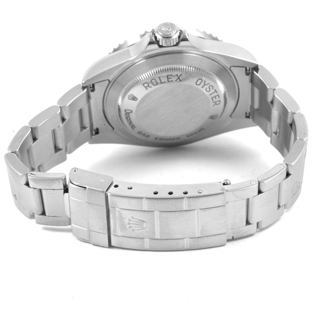 This image shows the back case and the bracelet of a Rolex Sea-Dweller 16600 Men
s Stainless Steel Black Dial 16600 Men
s Stainless Steel Black Dial watch from an angled, rear view.