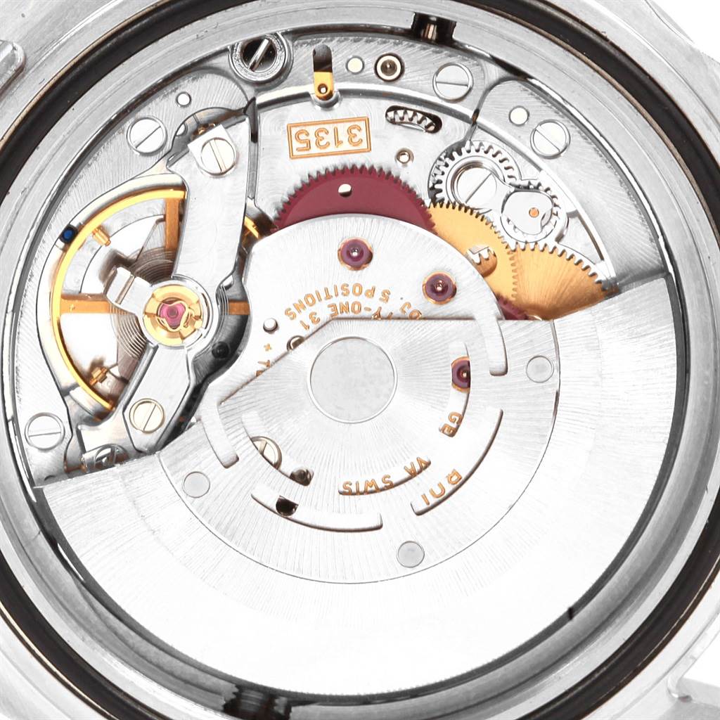 The image shows the inner mechanical movement of a Rolex Sea-Dweller 16600 Men
s Stainless Steel Black Dial 16600 Men
s Stainless Steel Black Dial watch from a back angle.