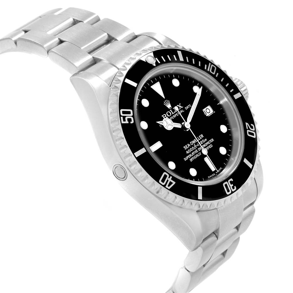 This is a side view of the Rolex Sea-Dweller 16600 Men
s Stainless Steel Black Dial 16600 Men
s Stainless Steel Black Dial watch, showing the face, bezel, and part of the metal bracelet.