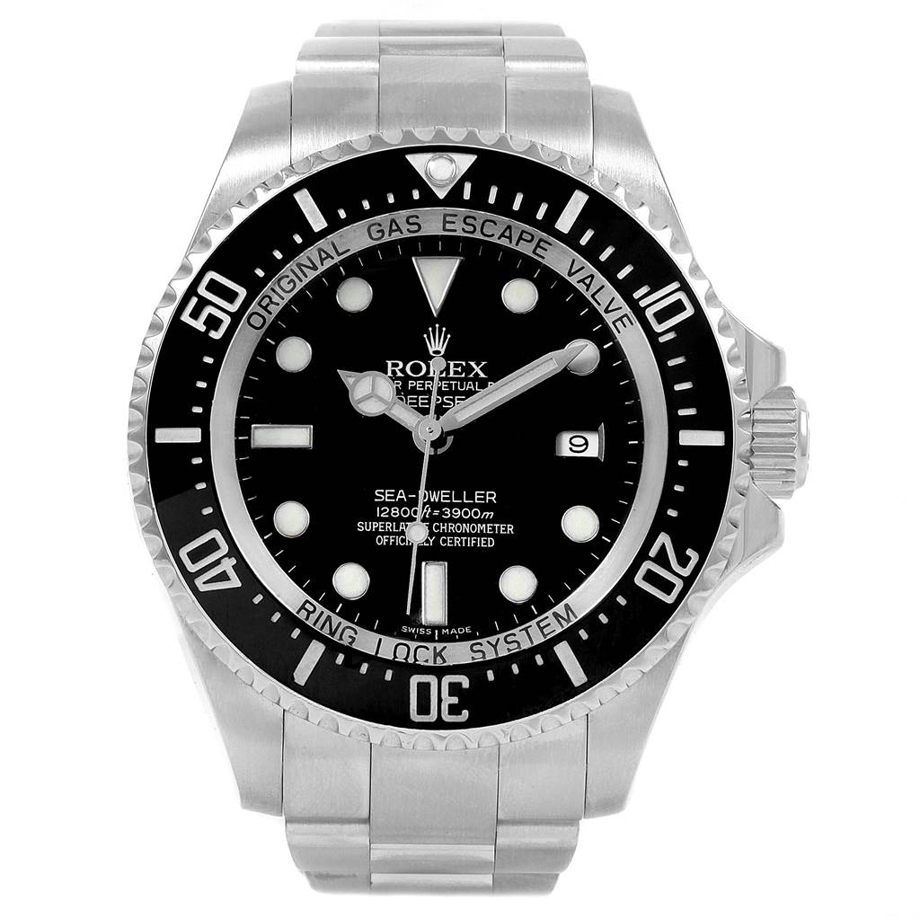 The image shows a front view of the Rolex Sea-Dweller 116660 Men
s Stainless Steel Black Dial 116660 Men
s Stainless Steel Black Dial watch, displaying the dial, bezel, and part of the bracelet.