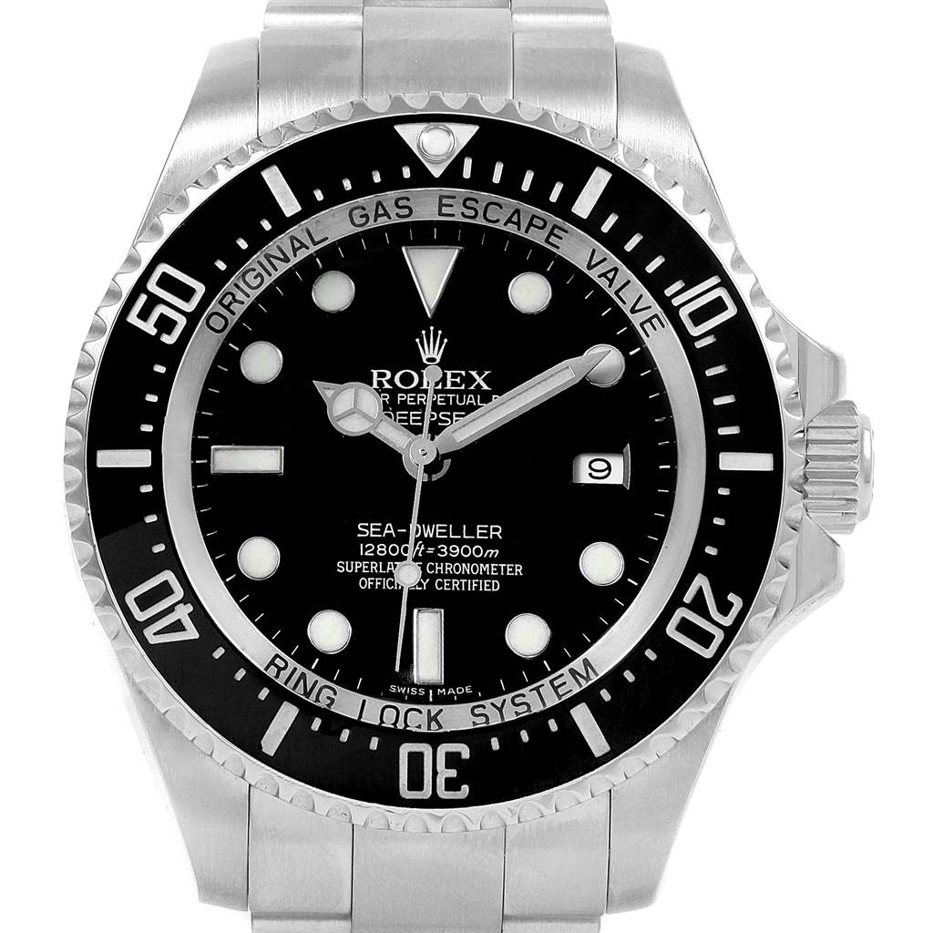 The image shows a front view of a Rolex Sea-Dweller 116660 Men
s Stainless Steel Black Dial 116660 Men
s Stainless Steel Black Dial watch, highlighting the dial, bezel, and part of the bracelet.