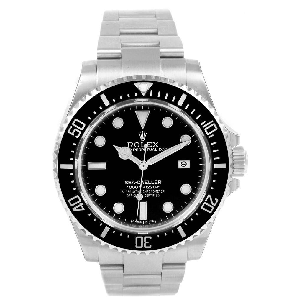 This image shows a front view of the Rolex Sea-Dweller 116600 Men
s Stainless Steel Black Dial 116600 Men
s Stainless Steel Black Dial watch, highlighting the dial, bezel, and bracelet.