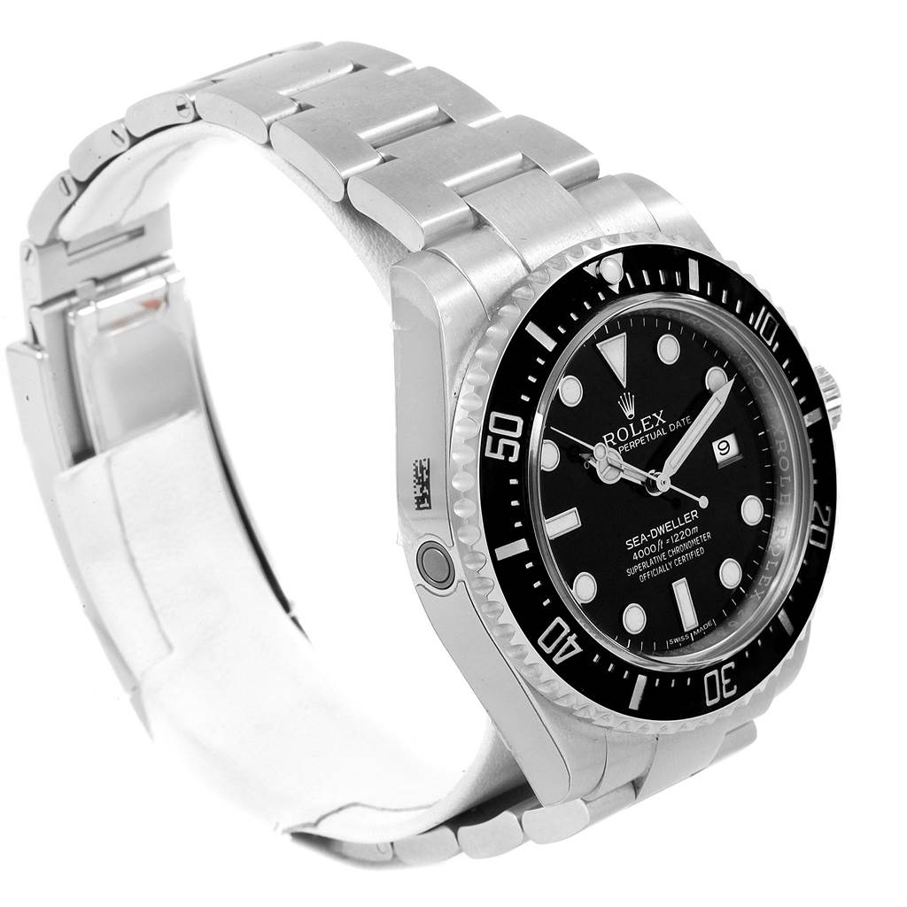 This image shows a Rolex Sea-Dweller 116600 Men
s Stainless Steel Black Dial 116600 Men
s Stainless Steel Black Dial watch from a front-left angle, highlighting the face, bezel, and stainless steel bracelet.