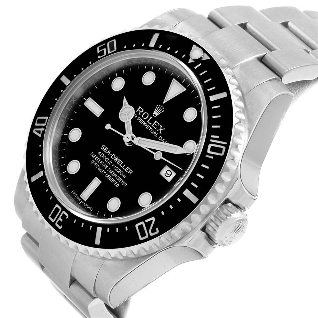 The image shows a Rolex Sea-Dweller 116600 Men
s Stainless Steel Black Dial 116600 Men
s Stainless Steel Black Dial watch from a slightly angled side view, highlighting its bezel, crown, and bracelet.