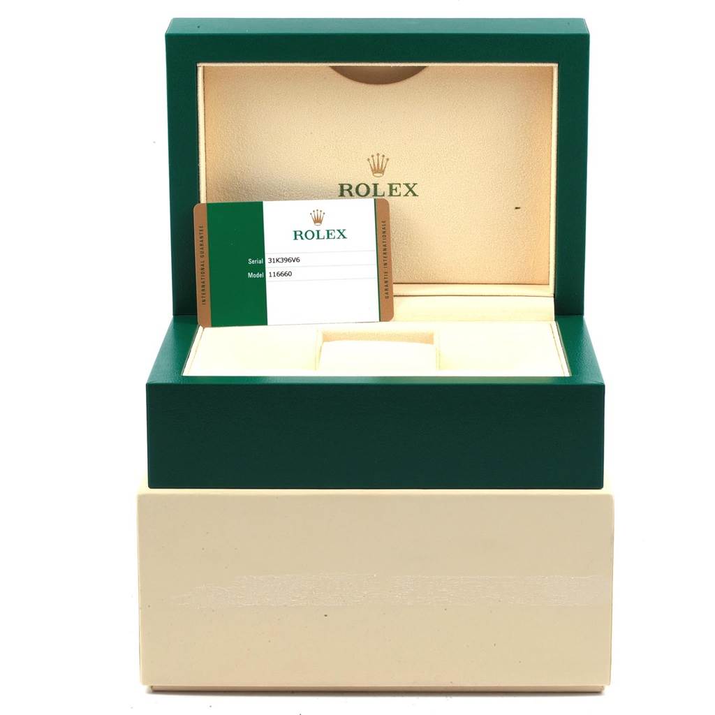 The image shows the open box and Best Quality
ity card of a Rolex Sea-Dweller 116660 Men
s Stainless Steel Blue Dial 116660 Men
s Stainless Steel Blue Dial watch, model 116660.