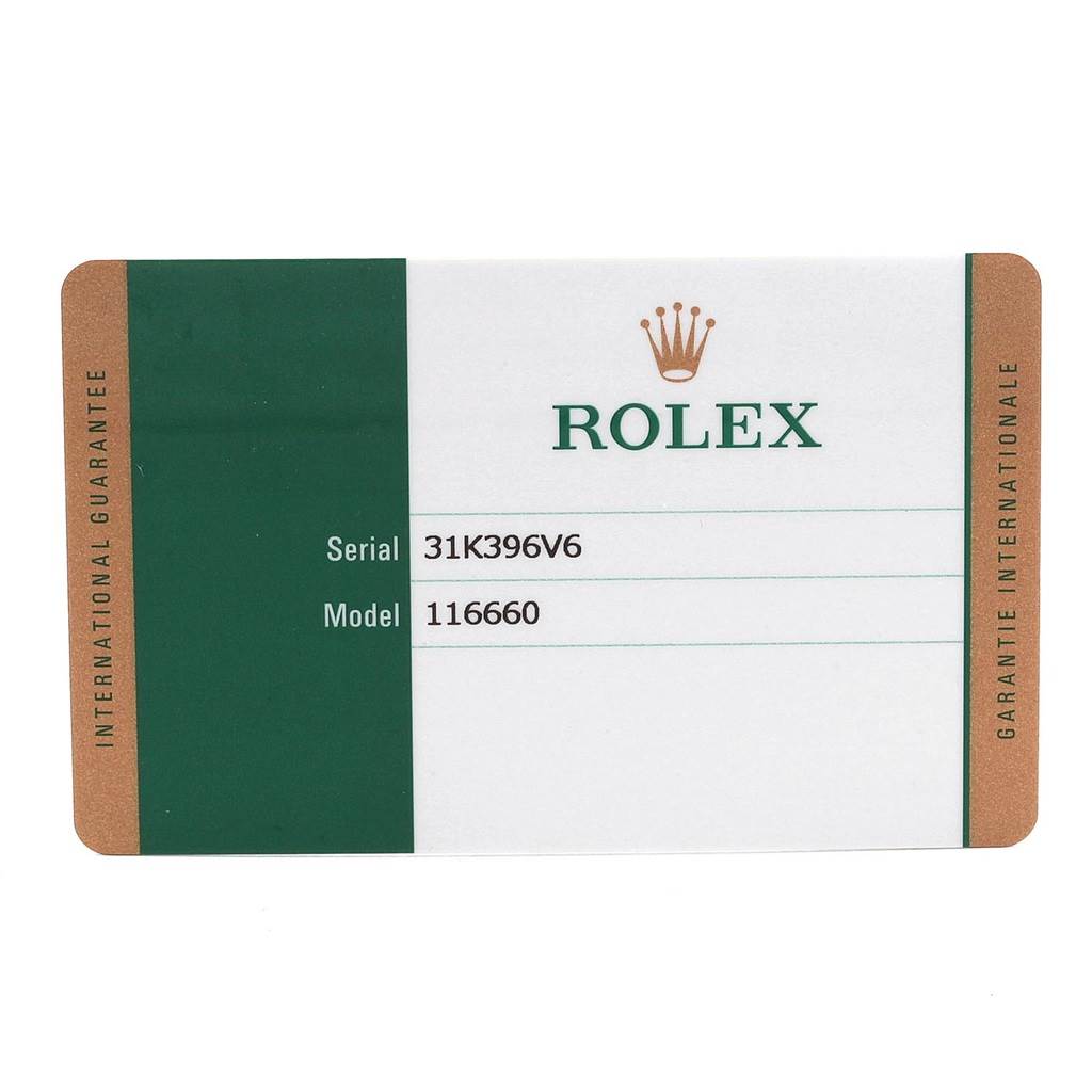 This image shows the International Guarantee card for the Rolex Sea-Dweller 116660 Men
s Stainless Steel Blue Dial 116660 Men
s Stainless Steel Blue Dial model 116660.