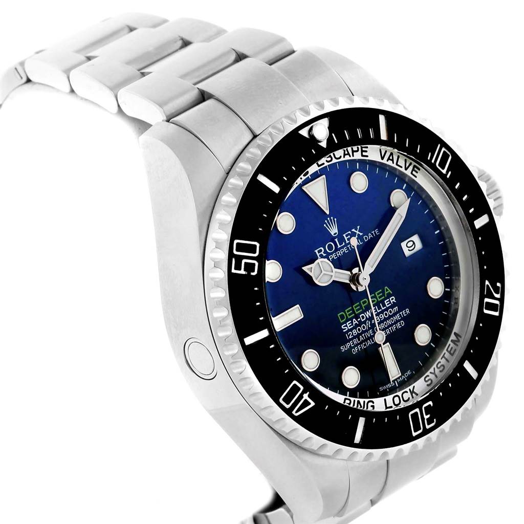 The Rolex Sea-Dweller 116660 Men
s Stainless Steel Blue Dial 116660 Men
s Stainless Steel Blue Dial watch is shown at a three-quarter angle, highlighting the face, bezel, crown, and part of the bracelet.