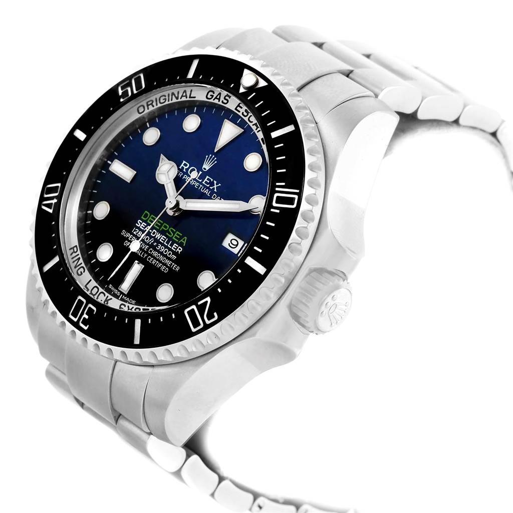 This image shows a Rolex Sea-Dweller 116660 Men
s Stainless Steel Blue Dial 116660 Men
s Stainless Steel Blue Dial watch at an angled side view, highlighting its face, bezel, crown, and part of the bracelet.