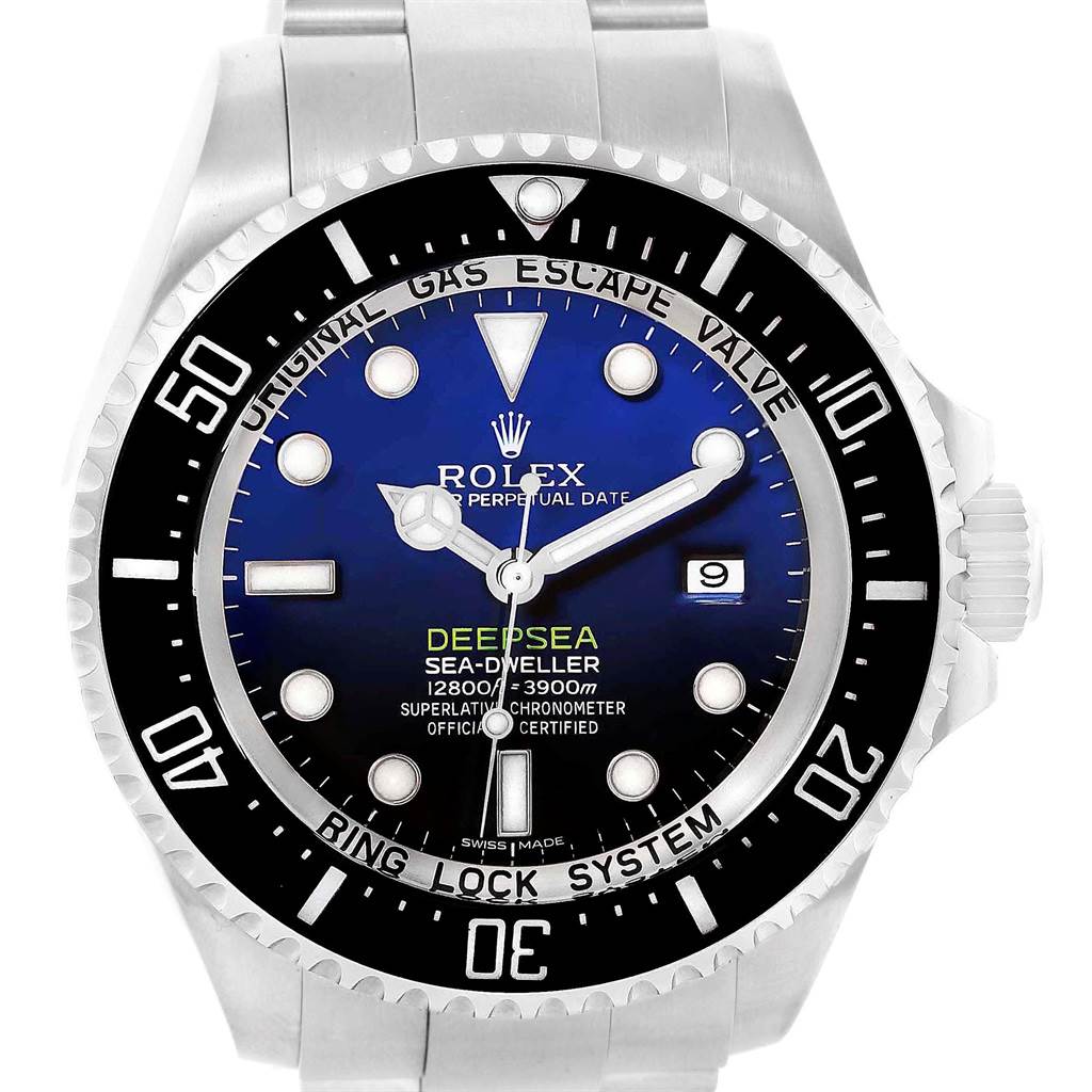 The image shows a front view of a Rolex Sea-Dweller 116660 Men
s Stainless Steel Blue Dial 116660 Men
s Stainless Steel Blue Dial Deepsea watch, highlighting its dial, bezel, and part of the bracelet.