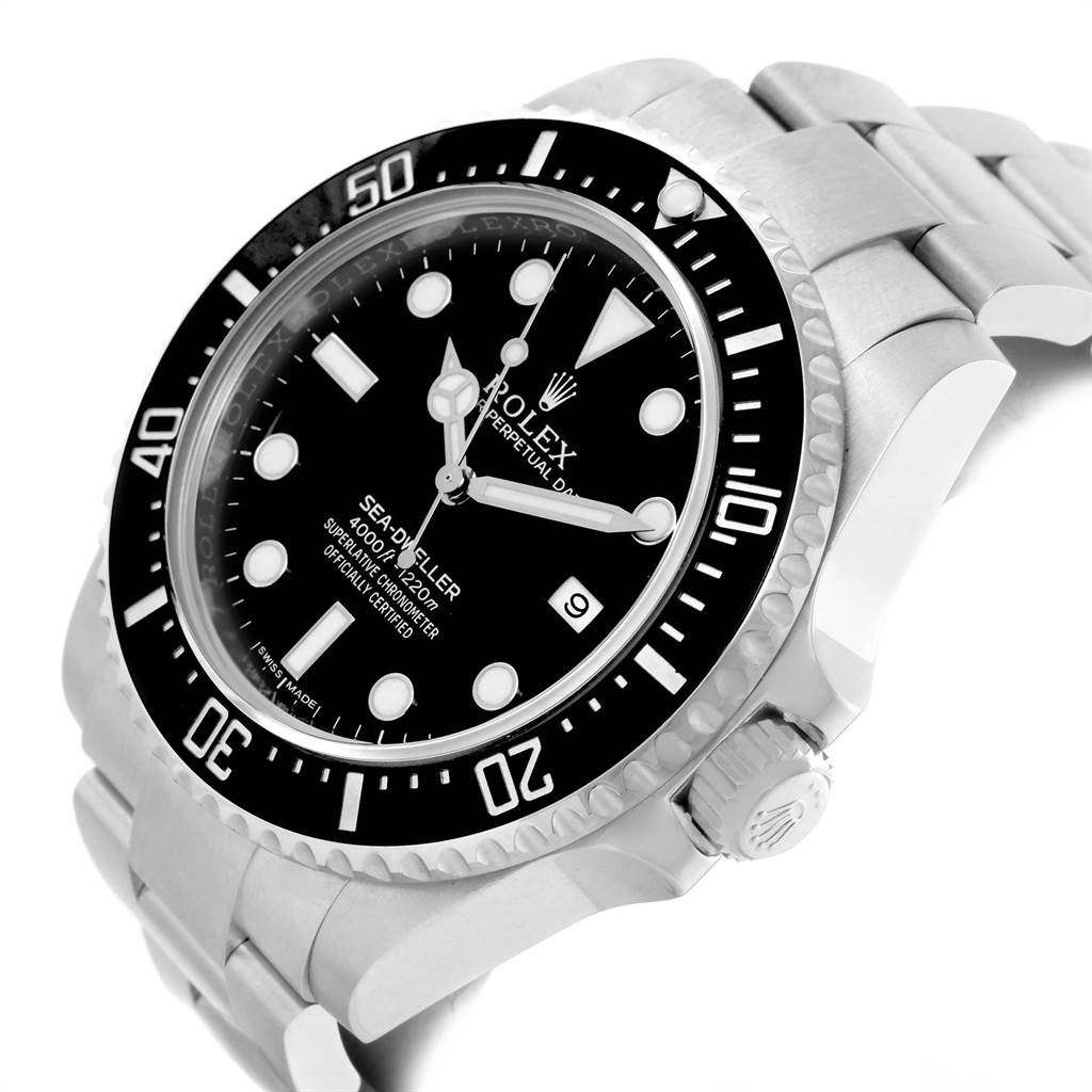 This image shows a side-angle view of the Rolex Sea-Dweller 116600 Men
s Stainless Steel Black Dial 116600 Men
s Stainless Steel Black Dial watch, highlighting its dial, bezel, and bracelet.