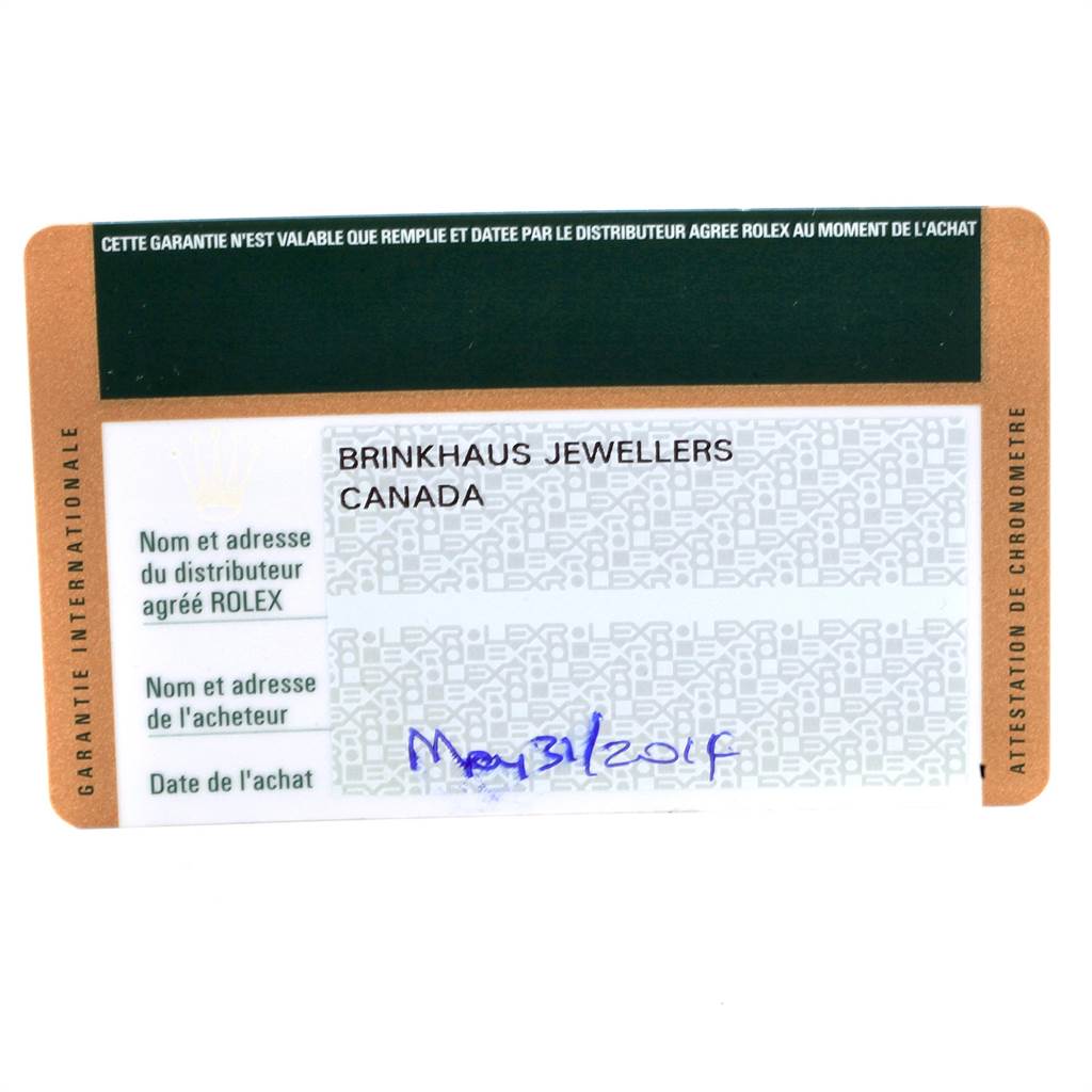 This image shows a warranty card for a Rolex Sea-Dweller 116600 Men
s Stainless Steel Black Dial 116600 Men
s Stainless Steel Black Dial watch from Brinkhaus Jewellers, dated May 31, 2015.