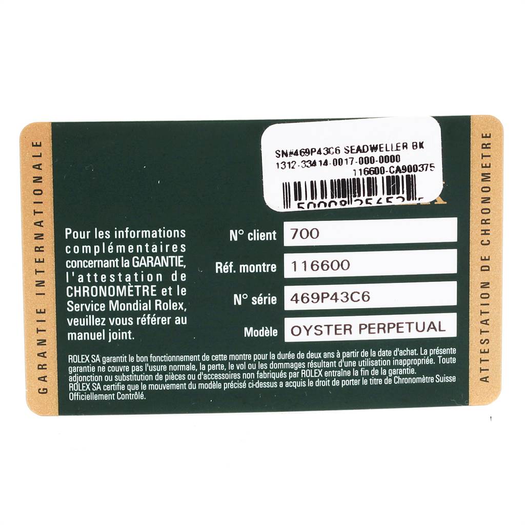 The image shows a warranty card for the Rolex Sea-Dweller 116600 Men
s Stainless Steel Black Dial 116600 Men
s Stainless Steel Black Dial model, displaying the serial and reference numbers.