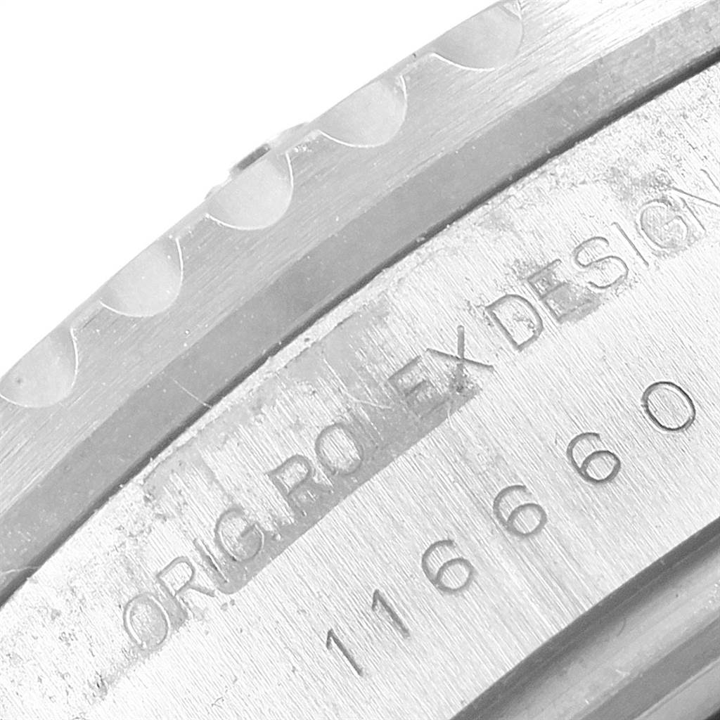 The image shows a close-up of the case edge and engraved details of the Rolex Sea-Dweller 116660 Men
s Stainless Steel Black Dial 116660 Men
s Stainless Steel Black Dial watch.
