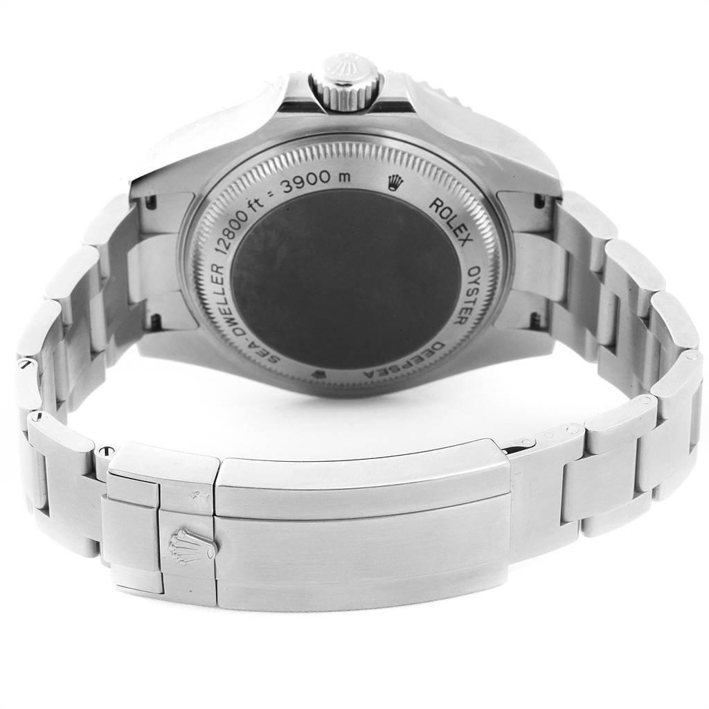 The image shows the back case and clasp of a Rolex Sea-Dweller 116660 Men
s Stainless Steel Black Dial 116660 Men
s Stainless Steel Black Dial watch from a slightly overhead angle.