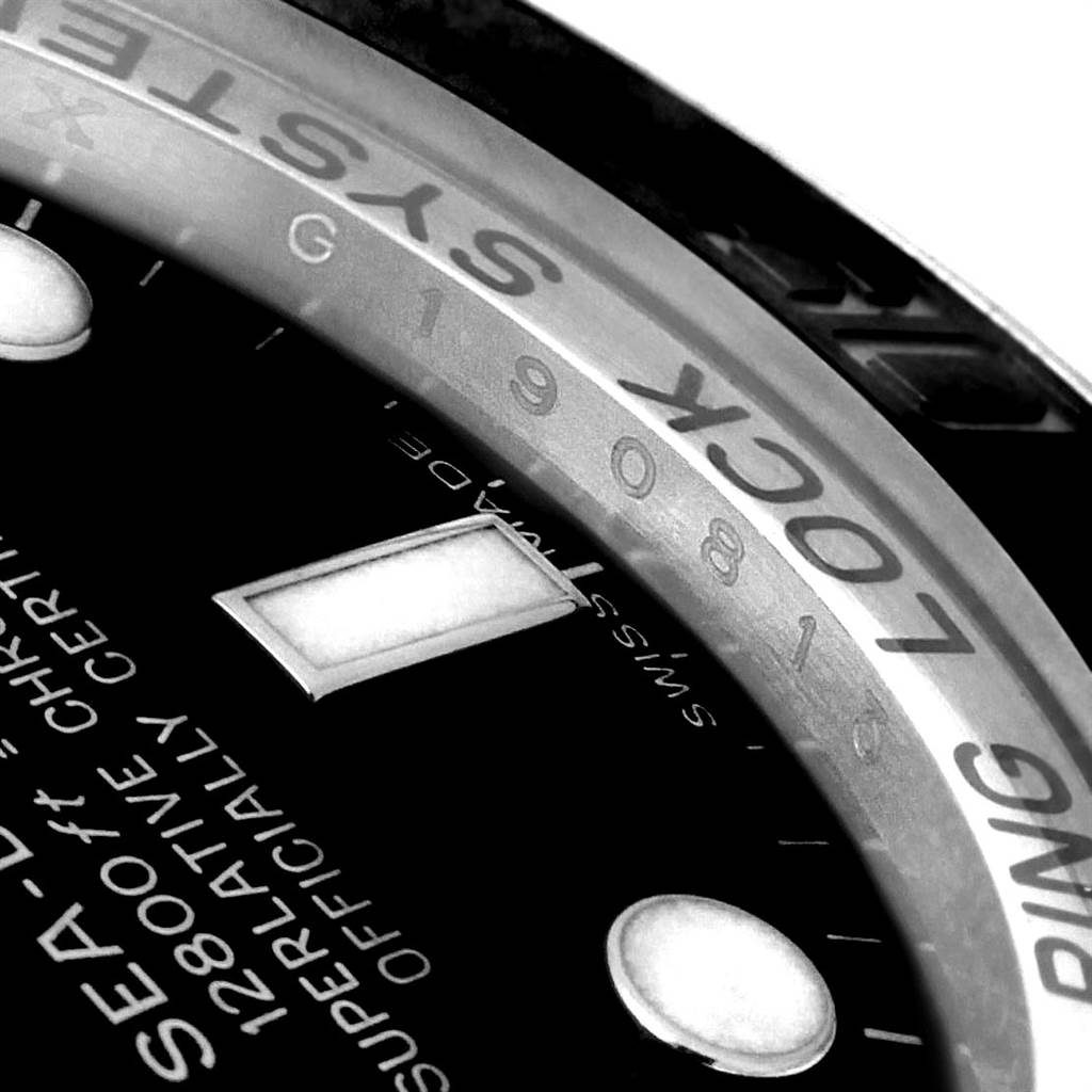 The image shows a close-up angle focusing on the dial and partial bezel of the Rolex Sea-Dweller 116660 Men
s Stainless Steel Black Dial 116660 Men
s Stainless Steel Black Dial watch.