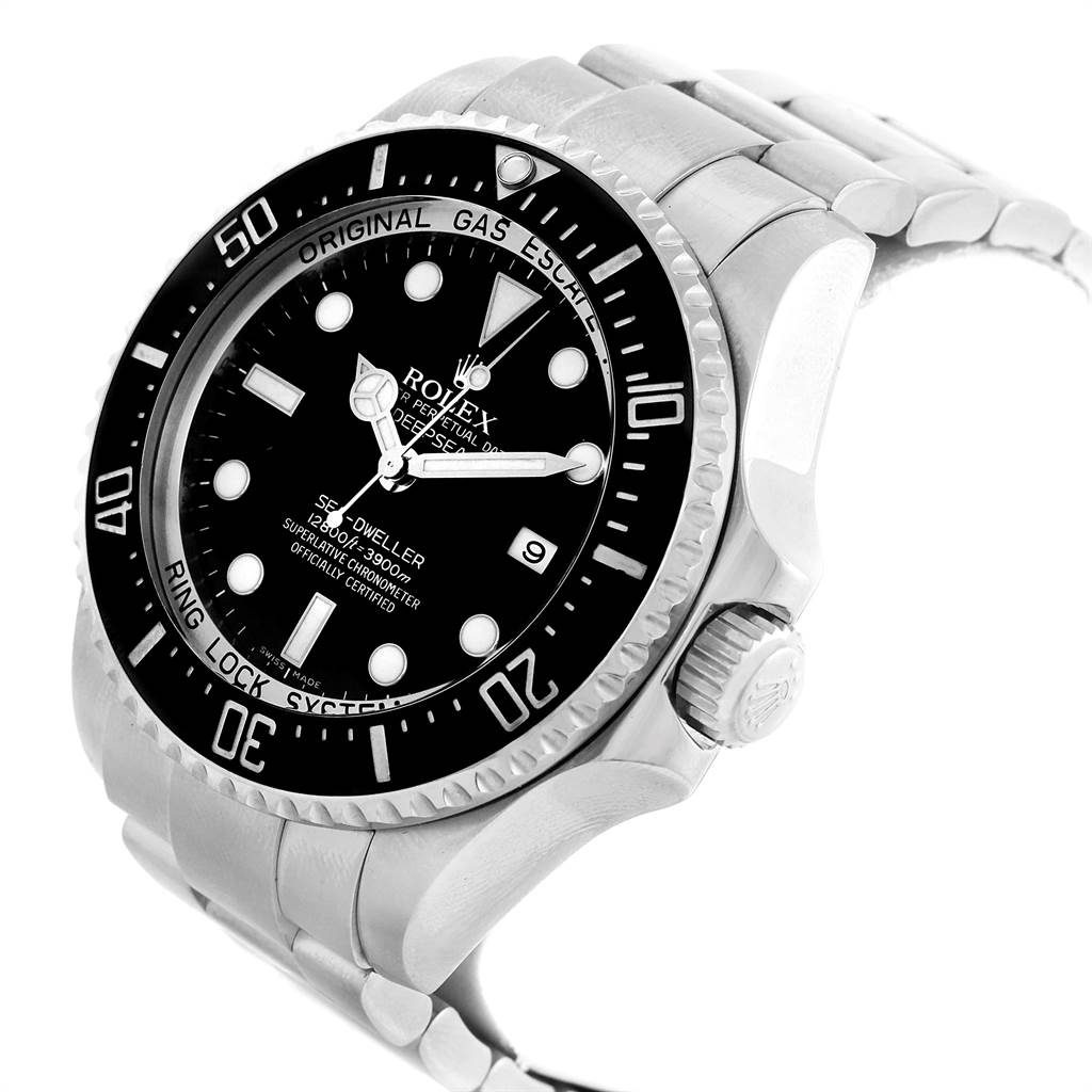 The image shows the Rolex Sea-Dweller 116660 Men
s Stainless Steel Black Dial 116660 Men
s Stainless Steel Black Dial watch at a 3/4 angle, displaying the dial, bezel, and part of the stainless steel bracelet.