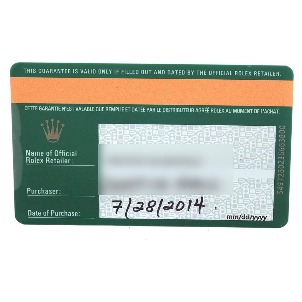 The image shows the guarantee card for a Rolex Sea-Dweller 116600 Men
s Stainless Steel Black Dial 116600 Men
s Stainless Steel Black Dial watch, photographed from a top-down angle.