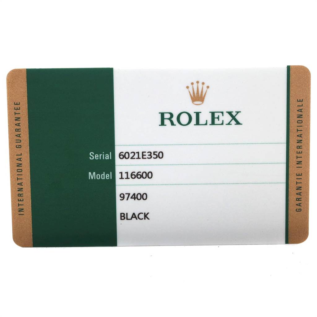 This image shows the warranty card for the Rolex Sea-Dweller 116600 Men
s Stainless Steel Black Dial 116600 Men
s Stainless Steel Black Dial model 116600.