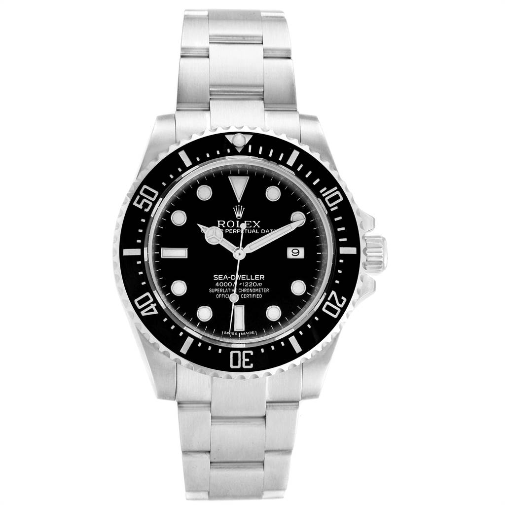The image shows a front view of the Rolex Sea-Dweller 116600 Men
s Stainless Steel Black Dial 116600 Men
s Stainless Steel Black Dial watch, displaying its face, bezel, and stainless steel bracelet.