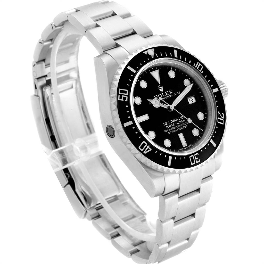 The image shows a side angle of a Rolex Sea-Dweller 116600 Men
s Stainless Steel Black Dial 116600 Men
s Stainless Steel Black Dial watch, highlighting its face, bezel, and stainless steel bracelet.