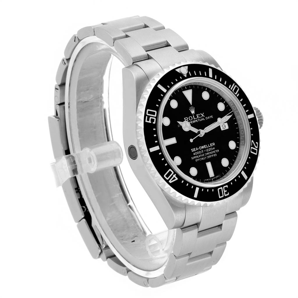 The image shows a side angle of the Rolex Sea-Dweller 116600 Men
s Stainless Steel Black Dial 116600 Men
s Stainless Steel Black Dial watch, highlighting the bezel, dial, and metal bracelet.