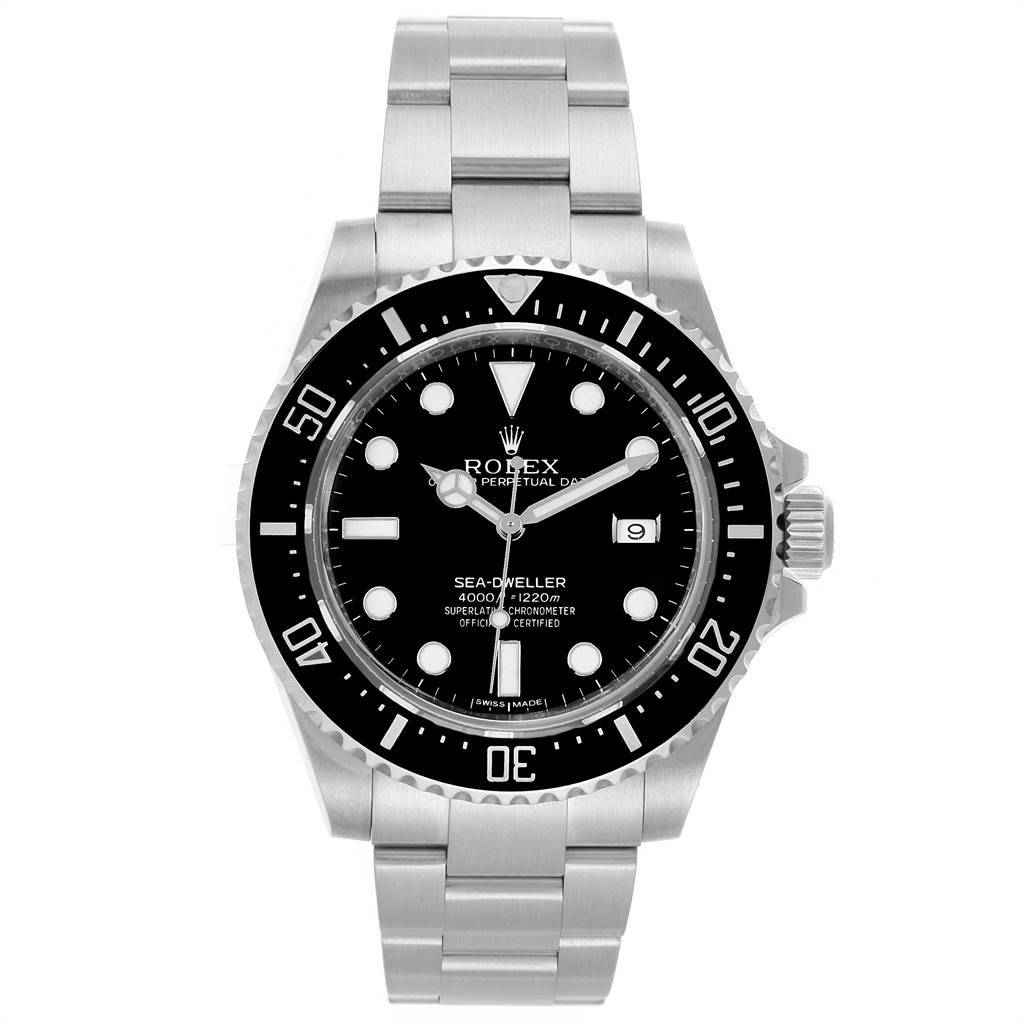 The image shows a front view of the Rolex Sea-Dweller 116600 Men
s Stainless Steel Black Dial 116600 Men
s Stainless Steel Black Dial watch, including its black dial, bezel, and full stainless steel bracelet.