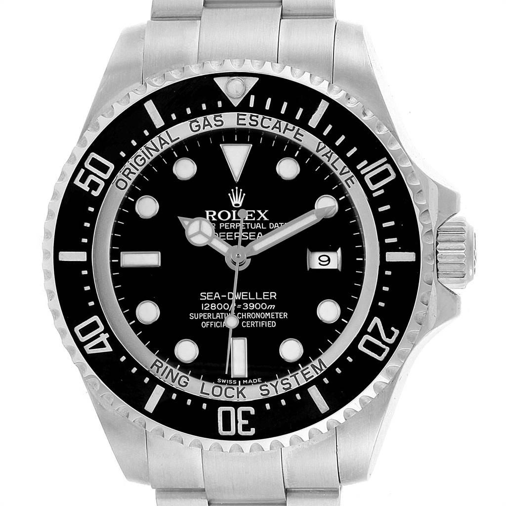 The image shows the front view of the Rolex Sea-Dweller 116660 Men
s Stainless Steel Black Dial 116660 Men
s Stainless Steel Black Dial watch, highlighting its black dial, bezel, and part of the stainless steel bracelet.