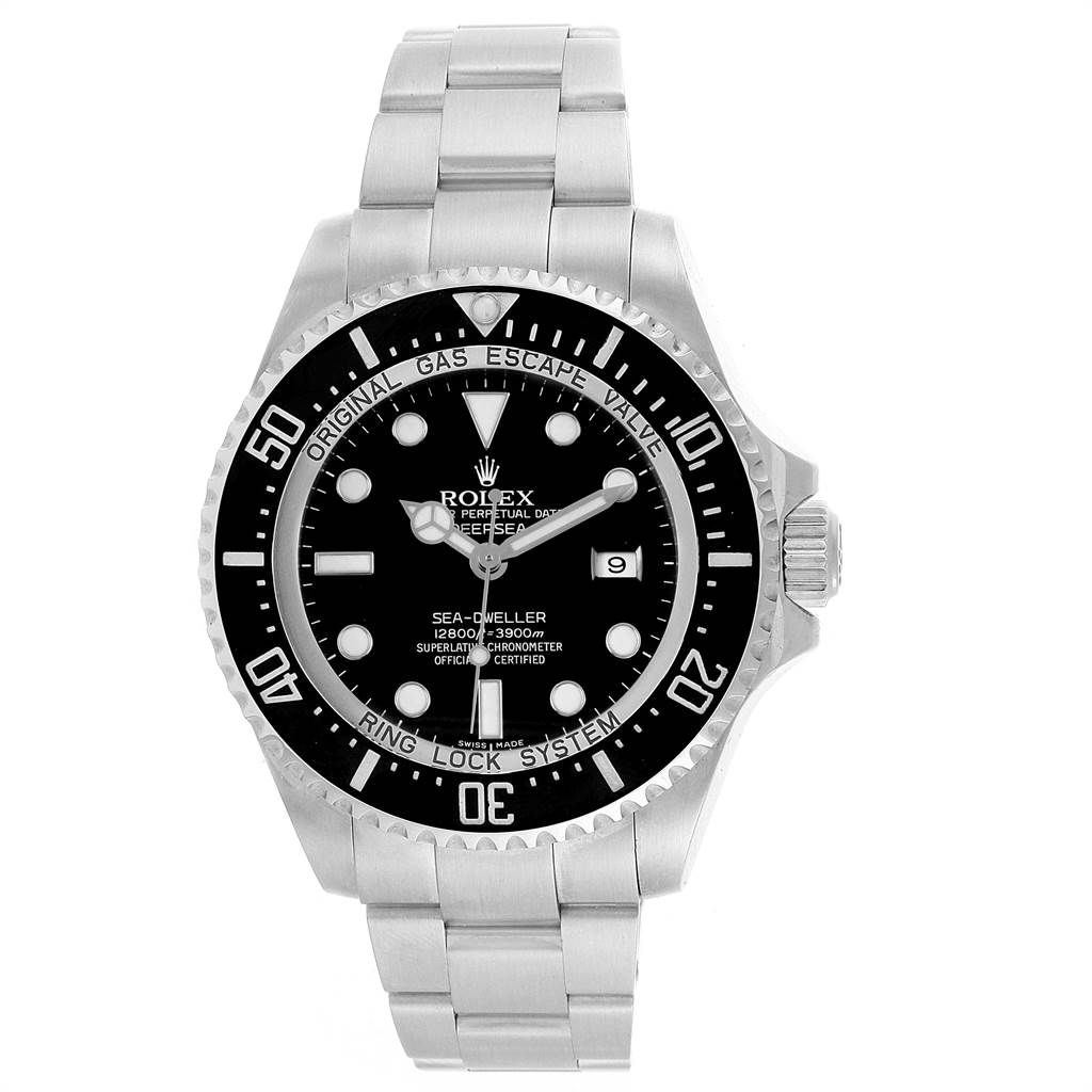 The image shows a front view of a Rolex Sea-Dweller 116660 Men
s Stainless Steel Black Dial 116660 Men
s Stainless Steel Black Dial watch, including the face, bezel, crown, and a part of the bracelet.