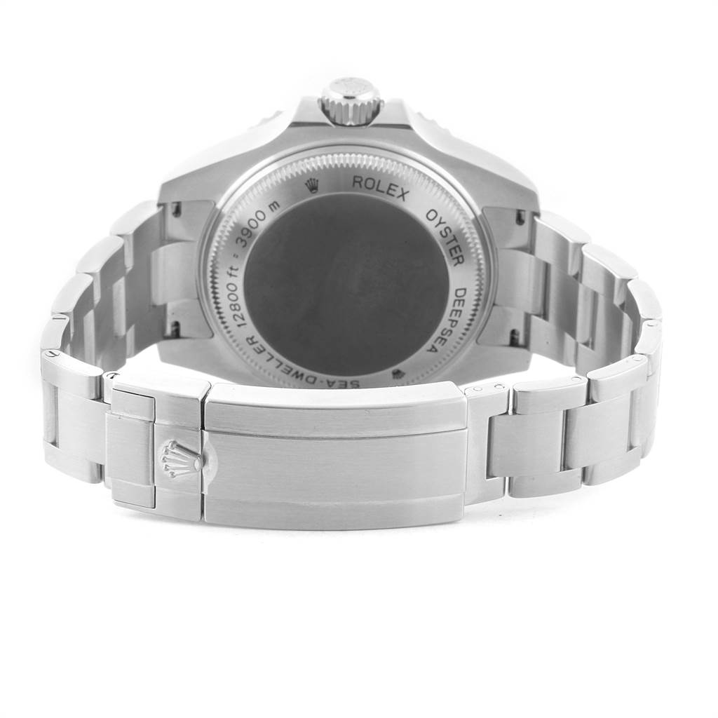 The image shows the back view of a Rolex Sea-Dweller 116660 Men
s Stainless Steel Black Dial 116660 Men
s Stainless Steel Black Dial watch, highlighting the caseback, bracelet, and clasp.