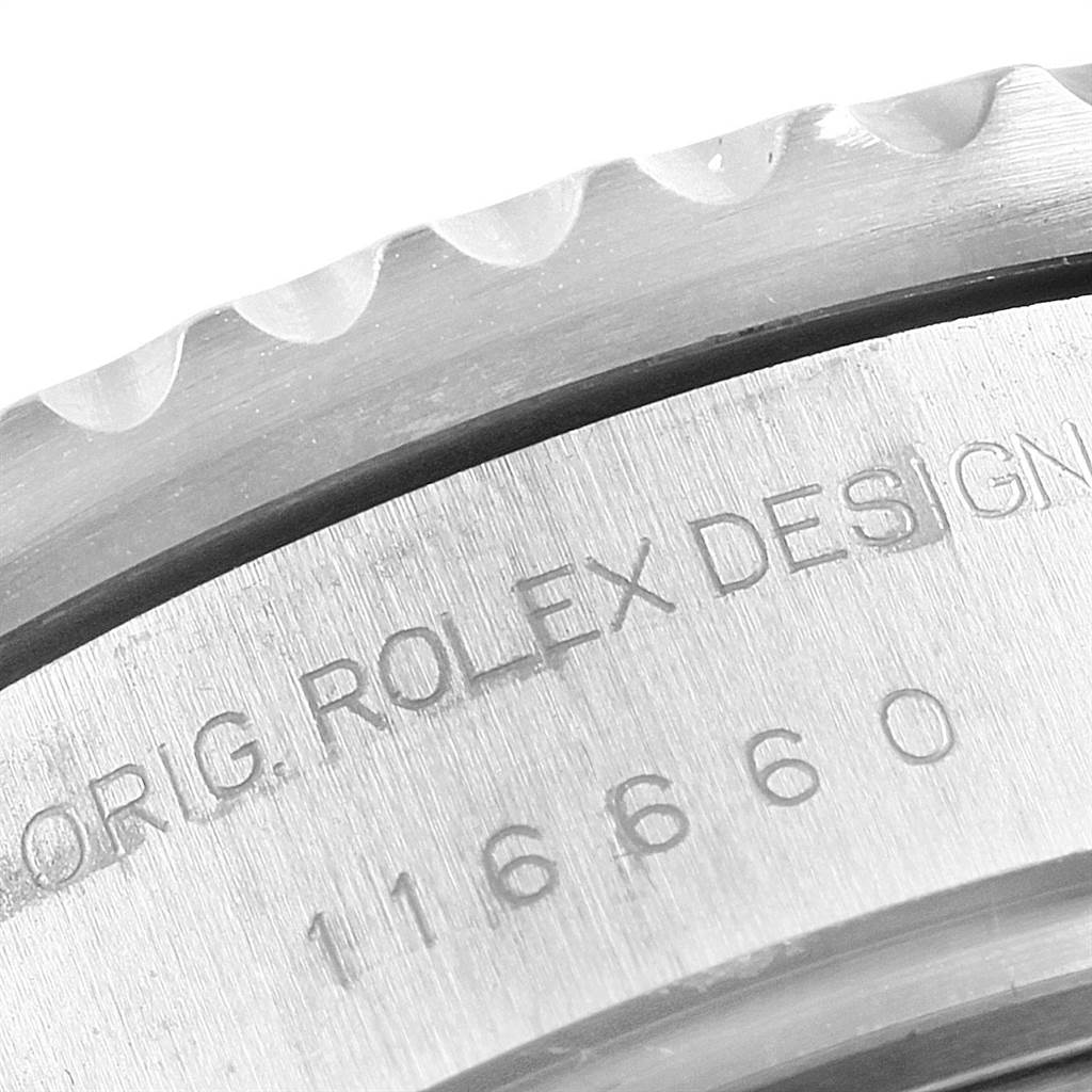 The image shows a close-up of the engraved model number and design inscription on the case back rim of a Rolex Sea-Dweller 116660 Men
s Stainless Steel Black Dial 116660 Men
s Stainless Steel Black Dial watch.