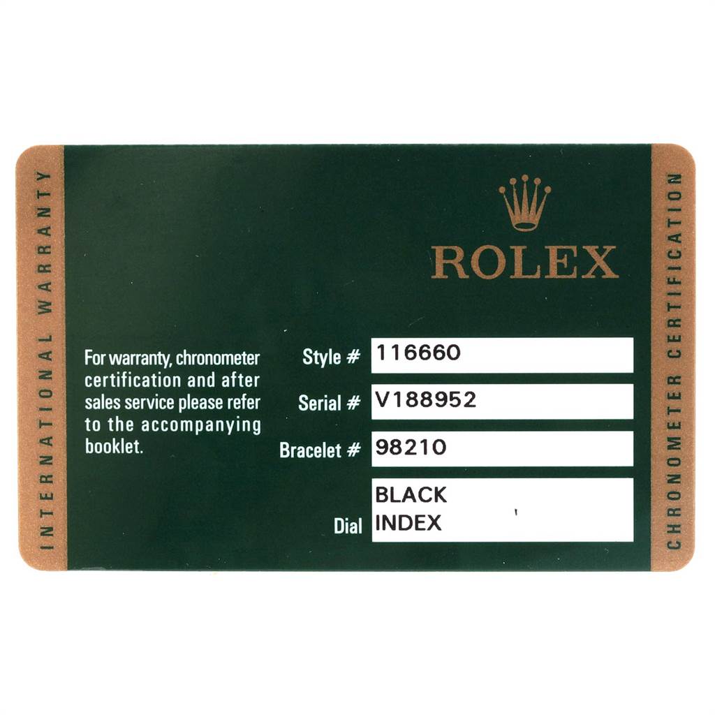 The image shows the warranty card for the Rolex Sea-Dweller 116660 Men
s Stainless Steel Black Dial 116660 Men
s Stainless Steel Black Dial model, listing the style, serial, bracelet numbers, and dial type.