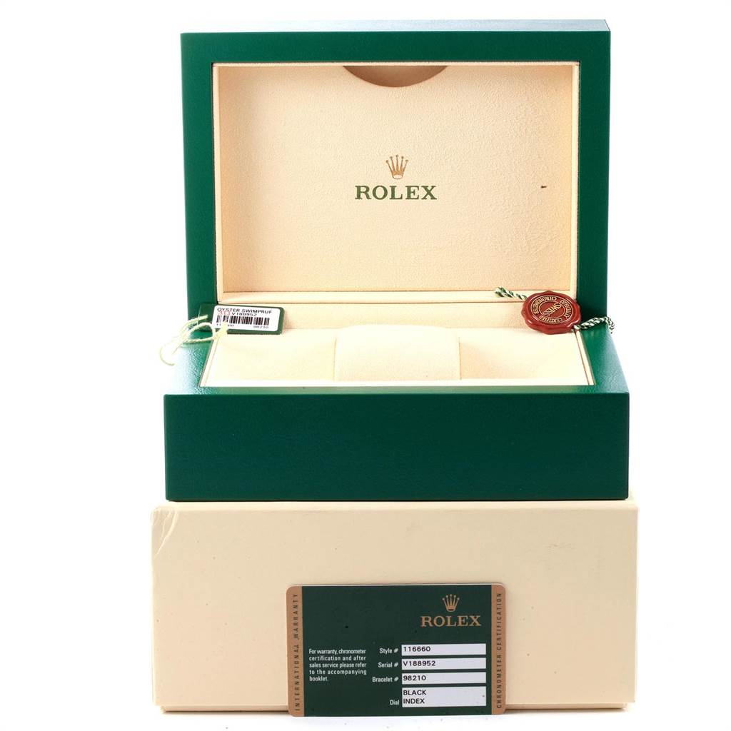 The image shows the Rolex Sea-Dweller 116660 Men
s Stainless Steel Black Dial 116660 Men
s Stainless Steel Black Dial
s green and cream presentation box, tags, and a certificate card.