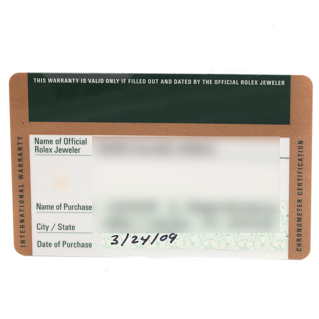 This image shows the warranty card for a Rolex Sea-Dweller 116660 Men
s Stainless Steel Black Dial 116660 Men
s Stainless Steel Black Dial watch.