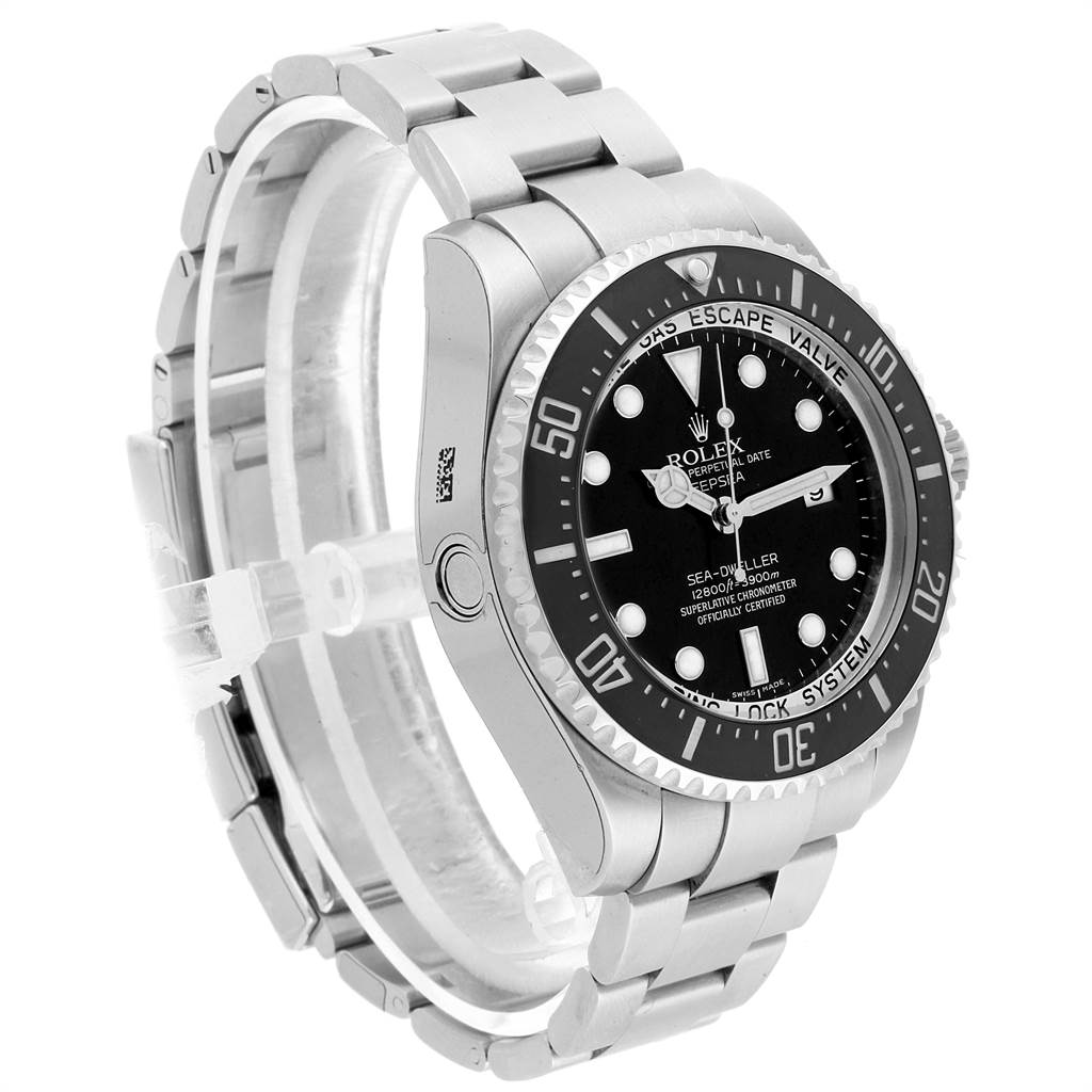 This image shows a side and front view of the Rolex Sea-Dweller 116660 Men
s Stainless Steel Black Dial 116660 Men
s Stainless Steel Black Dial, highlighting the bezel, dial, and bracelet.