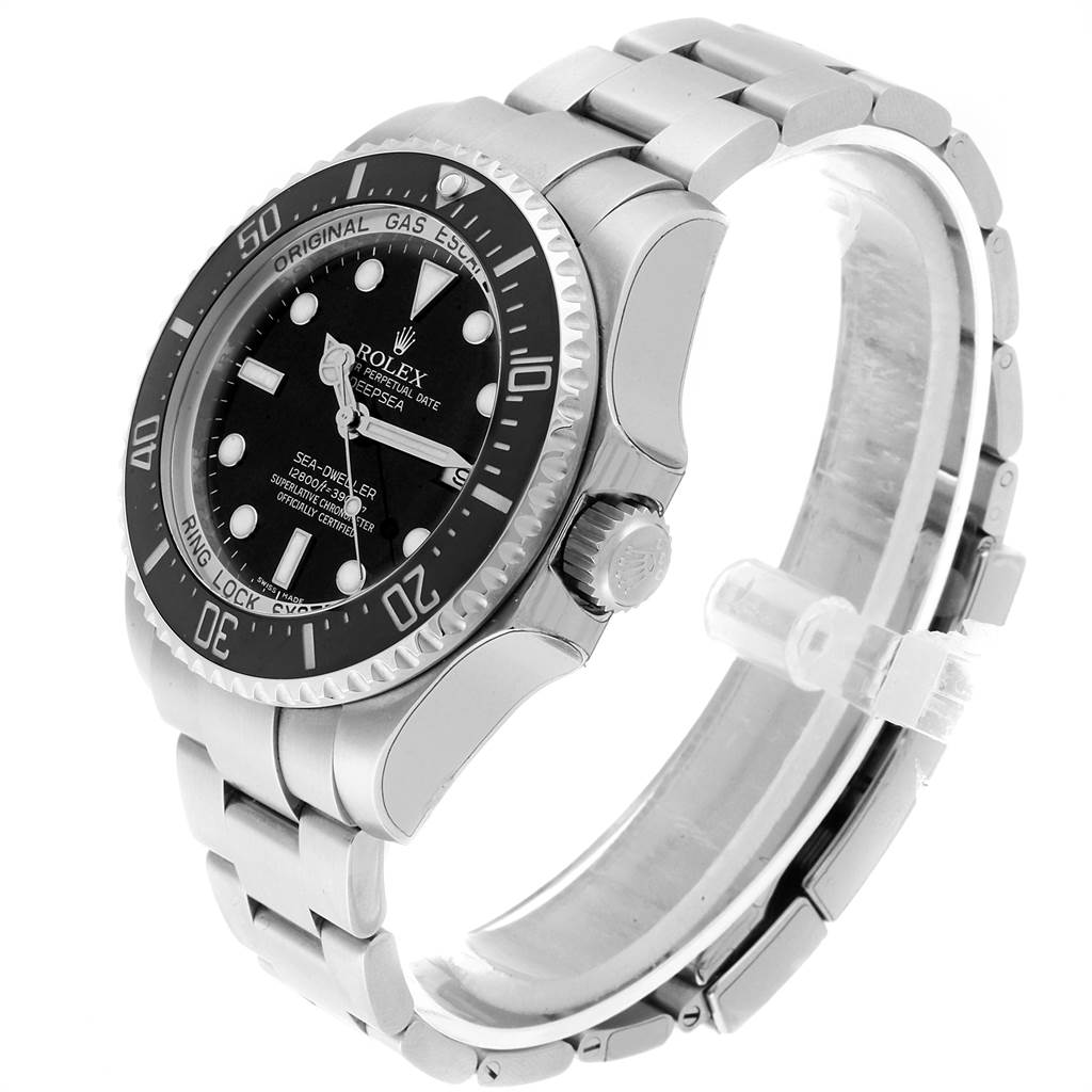 This image shows a Rolex Sea-Dweller 116660 Men
s Stainless Steel Black Dial 116660 Men
s Stainless Steel Black Dial watch at a diagonal angle showcasing the face, bezel, crown, and bracelet.