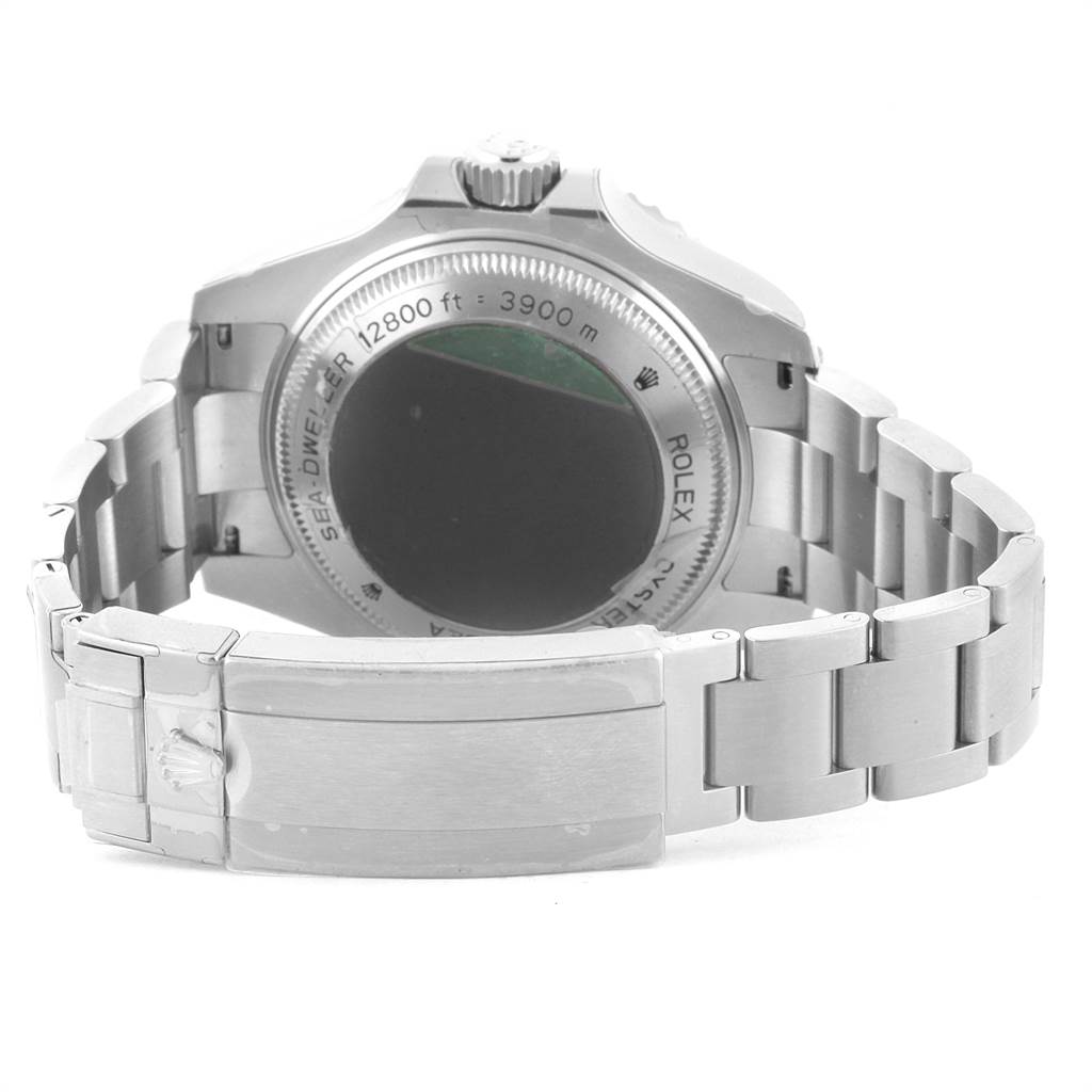 The image shows the back case and bracelet of a Rolex Sea-Dweller 116660 Men
s Stainless Steel Black Dial 116660 Men
s Stainless Steel Black Dial watch, viewed from behind.