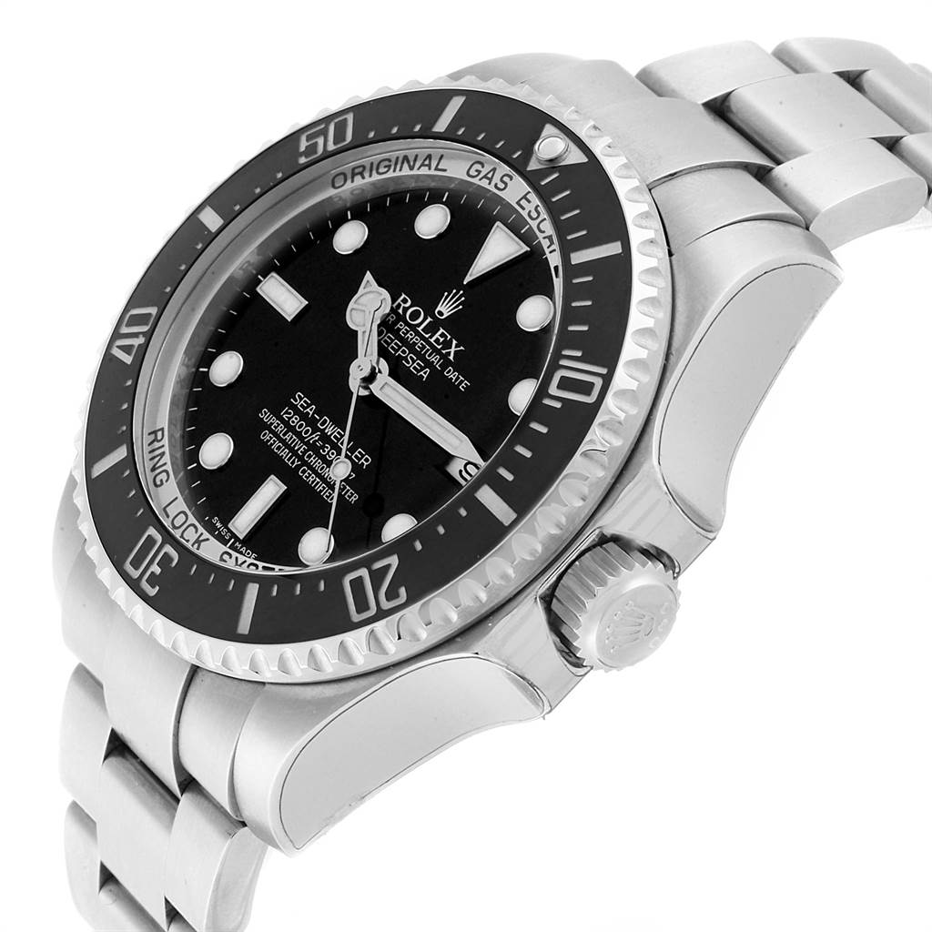 The image shows a side angle of the Rolex Sea-Dweller 116660 Men
s Stainless Steel Black Dial 116660 Men
s Stainless Steel Black Dial watch, highlighting the bezel, crown, and part of the bracelet.