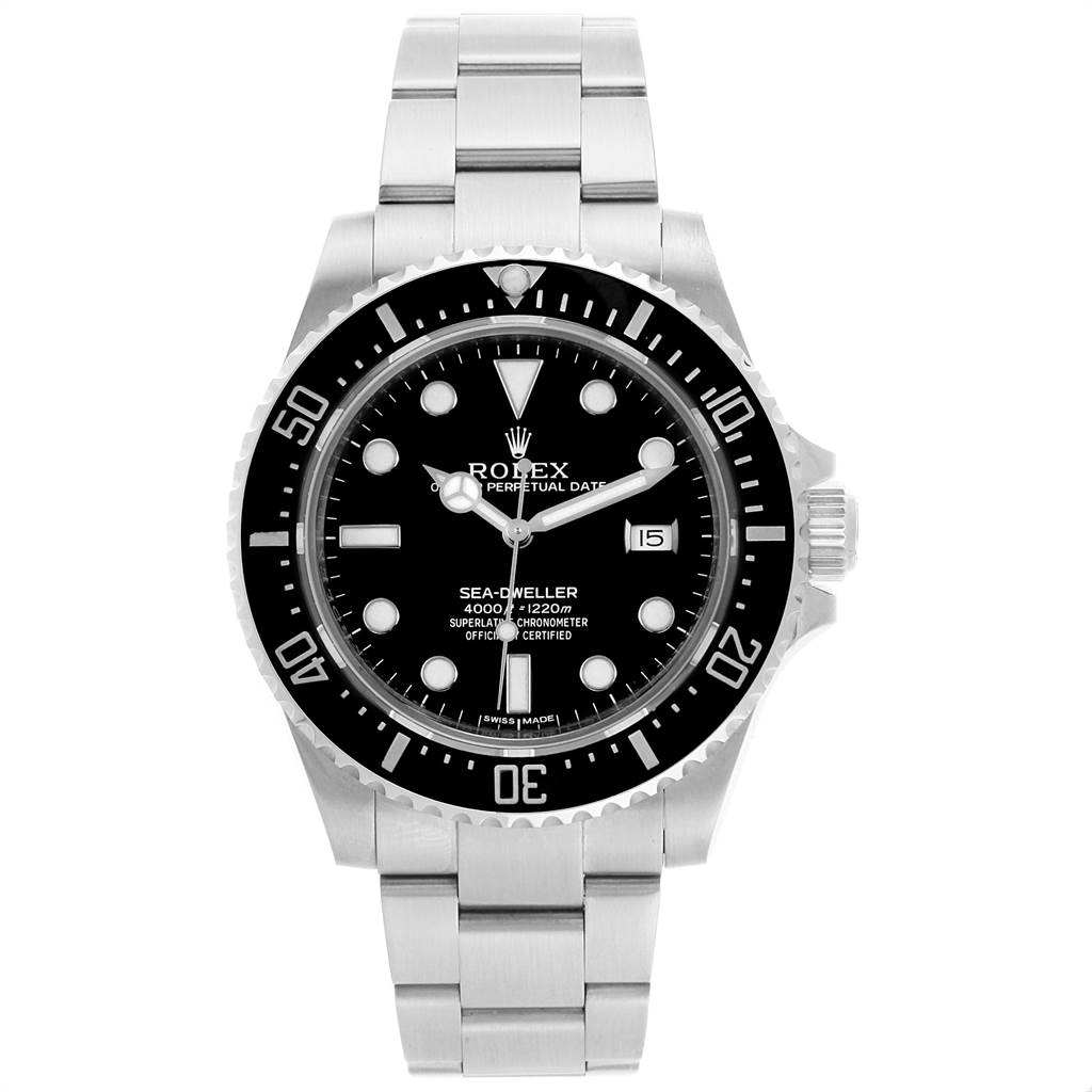 The image shows a front view of the Rolex Sea-Dweller 116600 Men
s Stainless Steel Black Dial 116600 Men
s Stainless Steel Black Dial watch, highlighting its dial, bezel, bracelet, and date window at 3 o
clock.