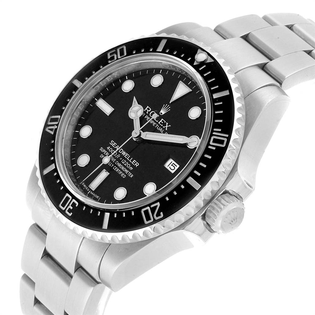 This image shows the Rolex Sea-Dweller 116600 Men
s Stainless Steel Black Dial 116600 Men
s Stainless Steel Black Dial watch at an angled view, highlighting the dial, bezel, crown, and part of the bracelet.
