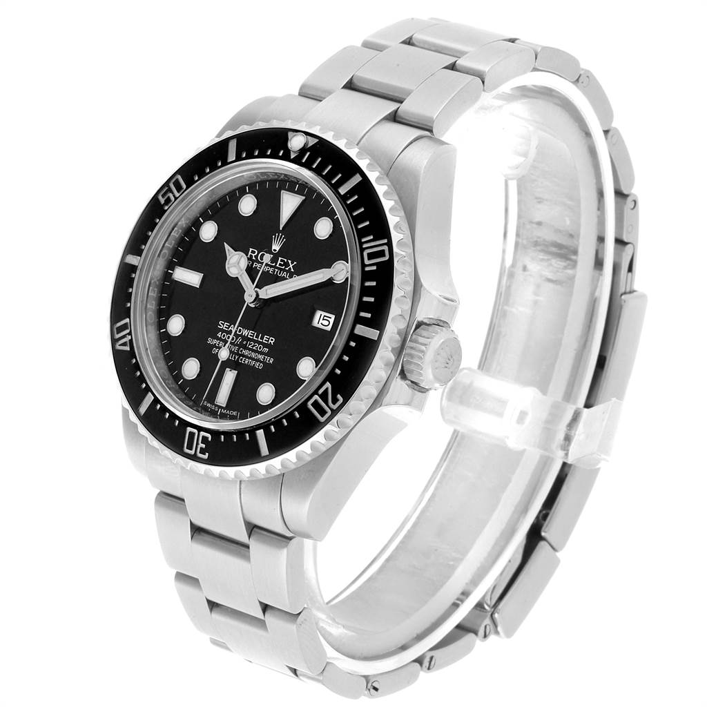 The image shows a Rolex Sea-Dweller 116600 Men
s Stainless Steel Black Dial 116600 Men
s Stainless Steel Black Dial watch at a slight left angle, highlighting its face, bezel, and metal bracelet.
