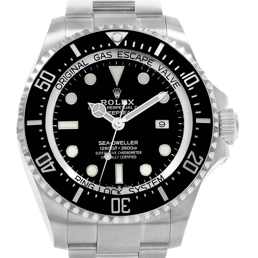 The image shows a front view of the Rolex Sea-Dweller 126660 Men
s Stainless Steel Black Dial 126660 Men
s Stainless Steel Black Dial watch featuring its dial, bezel, and crown.