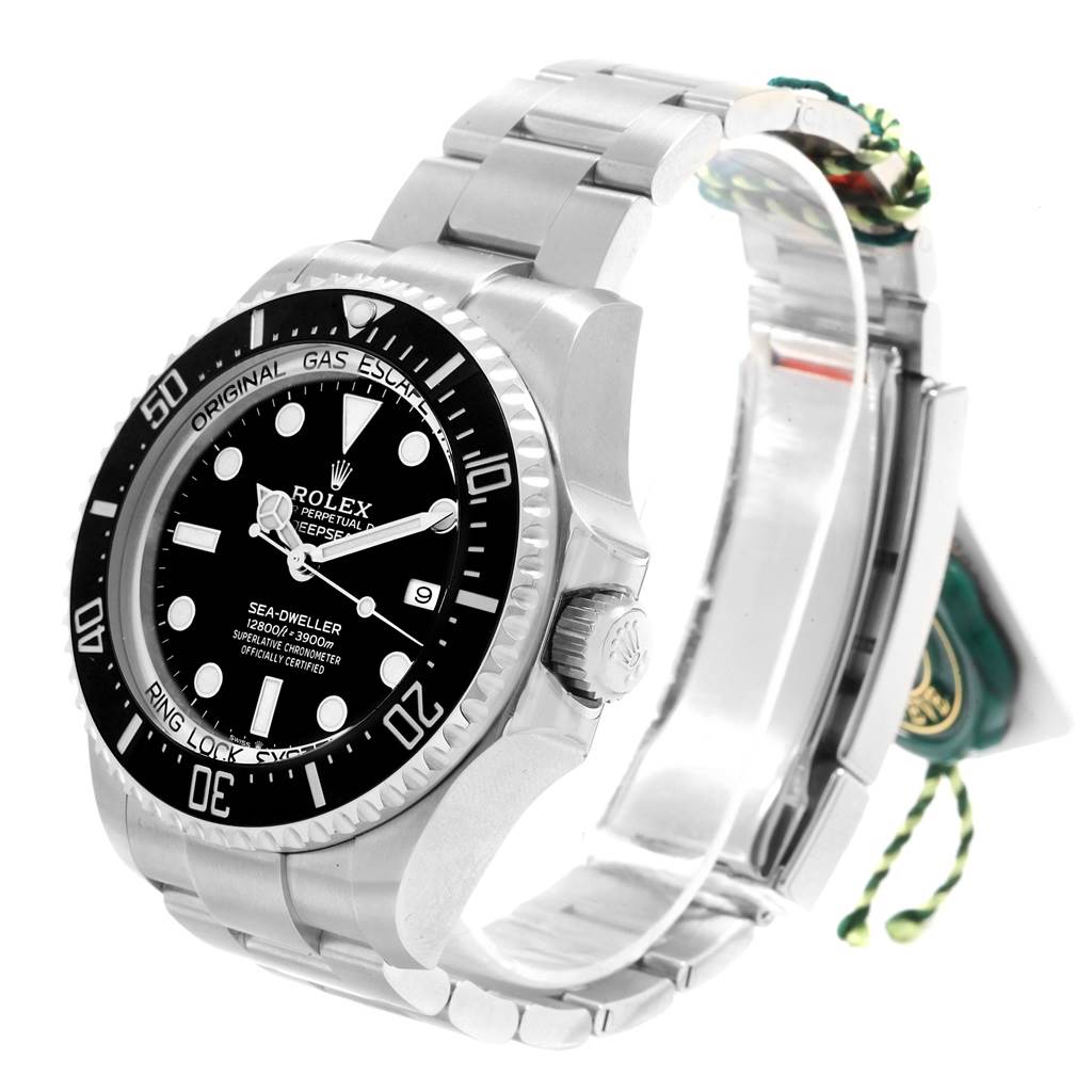 This image shows a Rolex Sea-Dweller 126660 Men
s Stainless Steel Black Dial 126660 Men
s Stainless Steel Black Dial watch from a three-quarter angle, highlighting the dial, bezel, bracelet, and crown.